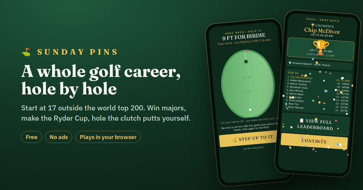 I built a free golf career sim you play in your browser: real courses, real tour players, and you ho